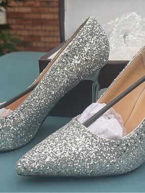 Silver Glitter Pointed-Toe Stiletto Pumps - Women's Dress Heels